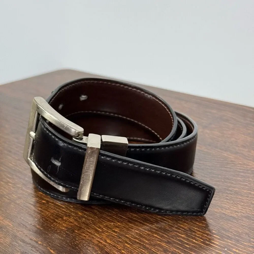 Men’s  Belt reversible black brown leather size 34 silver